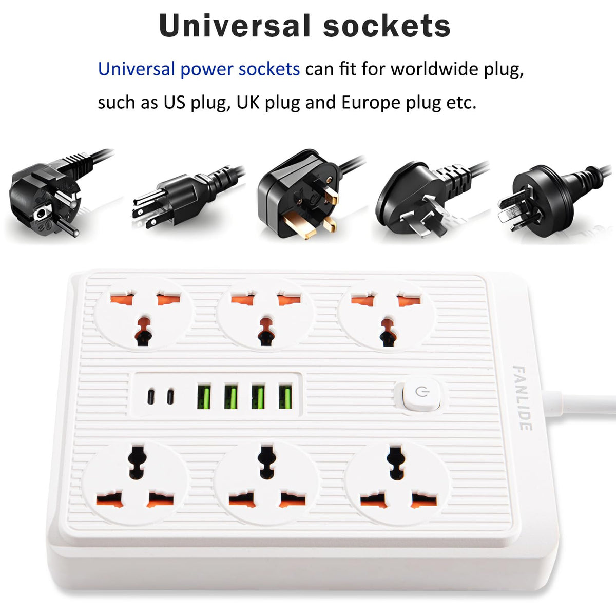 Universal Power Extension Cord with 6 Socket and 4 Usb Port Plus 2 PD Fast Port - Extension board Multi Protection - Socket Board