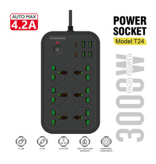 3000W 6 Way Extension Wire cord - Multi Plug,Trailing Socket - Electric Extension Board - Extension Board Socket with Master Switch - 6 Plugs + PD + 4-USB Ports Multifunctional Flame-Retardant Socket