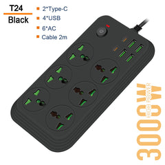 3000W 6 Way Extension Wire cord - Multi Plug,Trailing Socket - Electric Extension Board - Extension Board Socket with Master Switch - 6 Plugs + PD + 4-USB Ports Multifunctional Flame-Retardant Socket