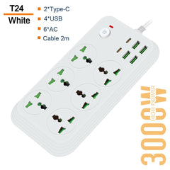 3000W 6 Way Extension Wire cord - Multi Plug,Trailing Socket - Electric Extension Board - Extension Board Socket with Master Switch - 6 Plugs + PD + 4-USB Ports Multifunctional Flame-Retardant Socket