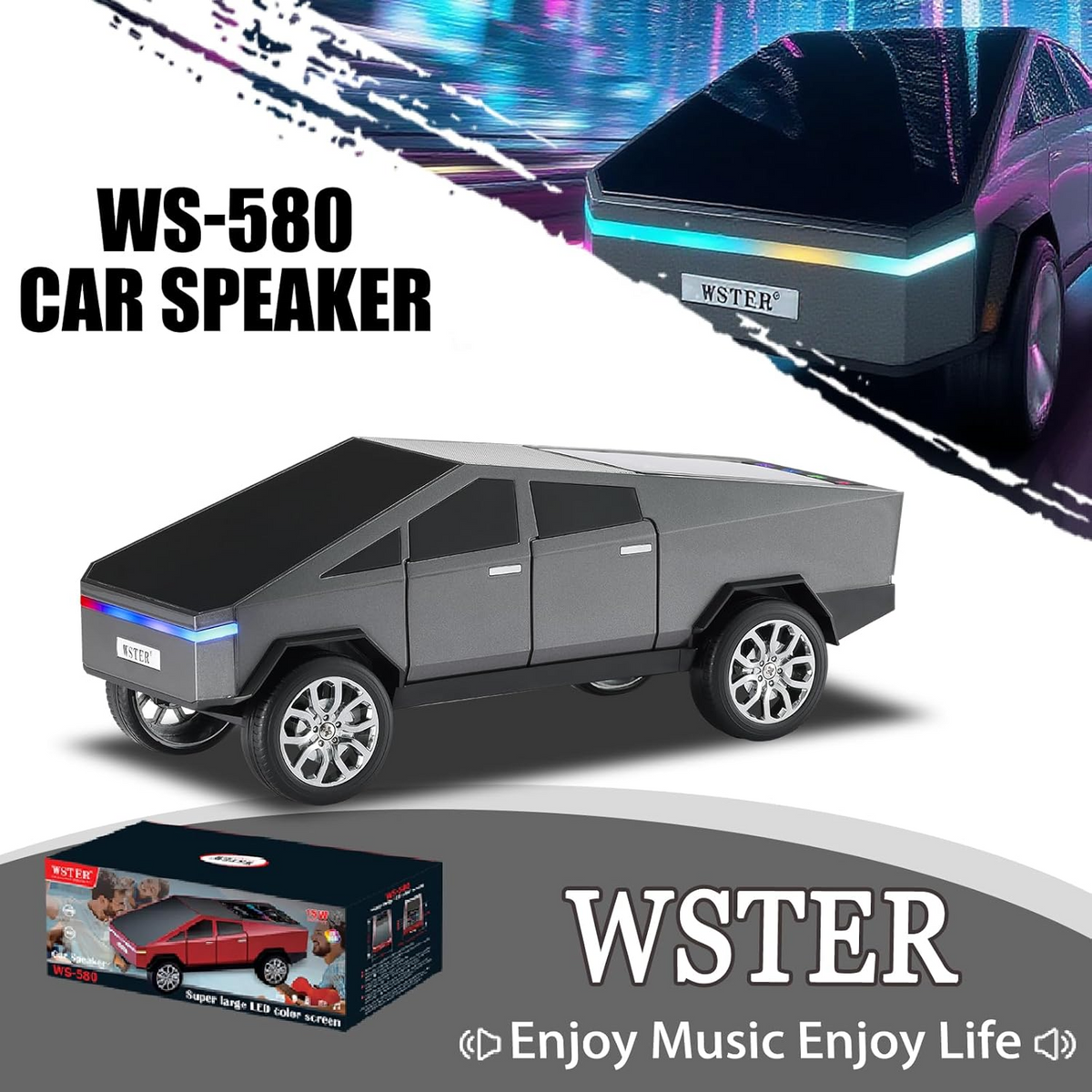 WS-580 Bluetooth Pickup Truck Portable Speaker,with Display Screen,HD Sound, TWS Pairing, FM Radio,Built-in Microphone